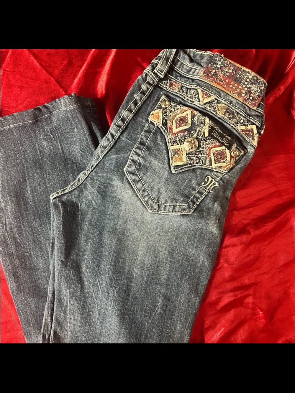 Miss Me Embellished Dark Blue Boot Cut Jeans with Multicolor Patchwork